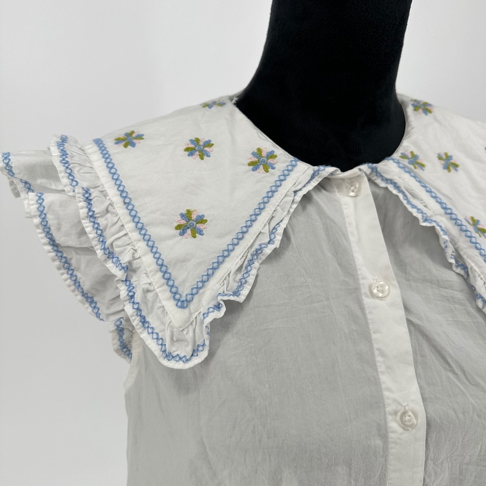 Zara White Cotton Peter Pan Collar Blouse Puff Sleeve Ruffle Top Cottage Small - Picture 4 of 6